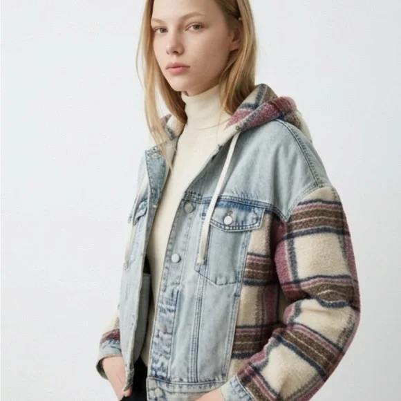 BlankNYC Plaid Denim Hooded Jacket size Medium boxy shape - Picture 2 of 3